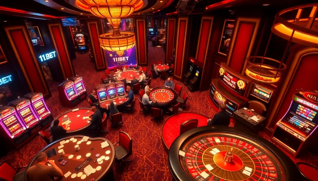 Experience the excitement of high-stakes gameplay at 11BET, featuring vibrant slot machines and intense poker action.